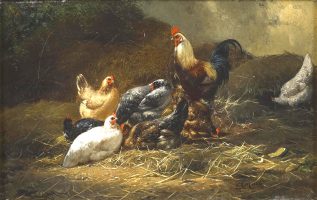 Toompje kippen. Schilderij van Eugène Remy Maes (1849-1931)