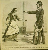BIJSCHRIFT: Man van de kinderbescherming voorkomt dat een moeder haar zoontje slaat. Illustratie: Toronto Humane Society (1888) 