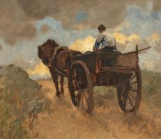 Boer met paard en wagen, schilderij van German Grobe (1857-1938).
