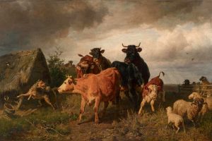 Koeien en schapen in een weide, schilderij van Anton Braith